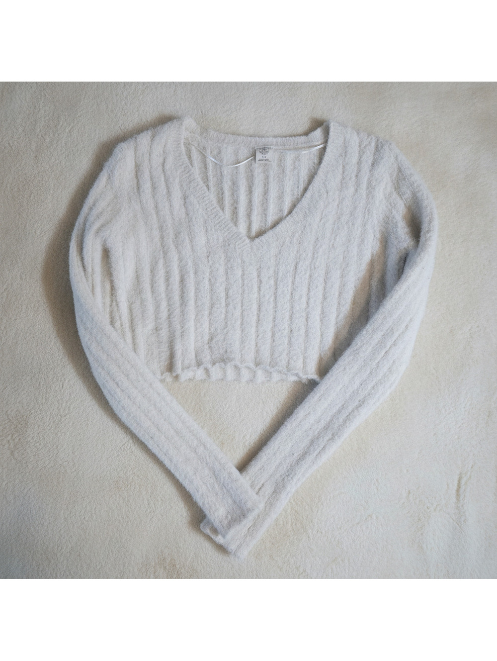 Urban Outfitters Fuzzy Ribbed Crop Sweater Cream S-P Women